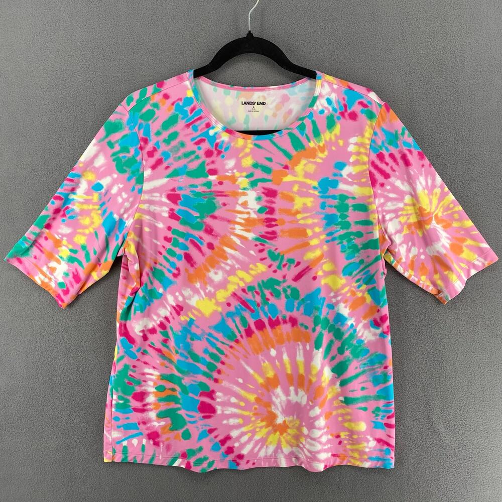 Lands End Pink Tie Dye Rash Guard Kids‎ L 14-16 Short Sleeve Pullover Swim Top